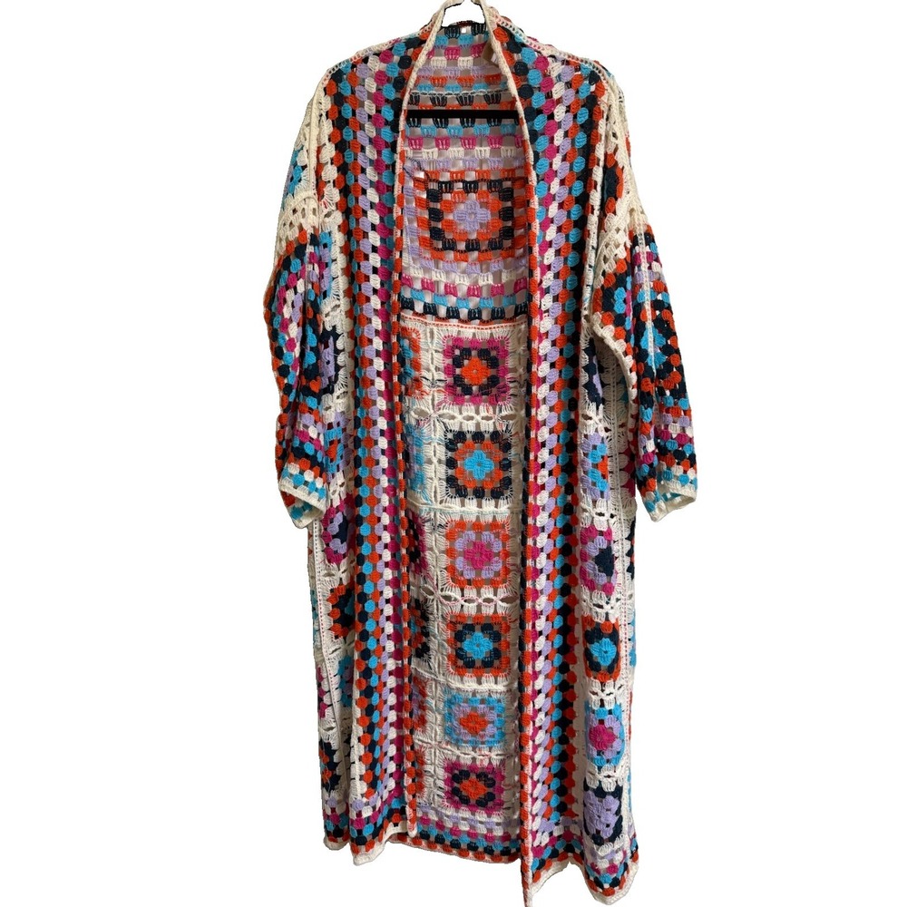 NEW! POL Crochet Colorful Granny Square Duster Cardigan Cardi Boho Long-One Size